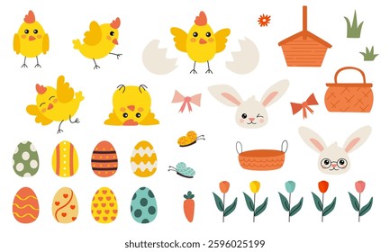 Easter Vector Set with Chicks, Eggs, Rabbits, and Flowers