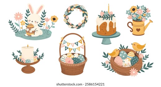 Easter vector set with cute bunny, wreath, cake, basket with eggs, birds, 
flowers. Hand-drawn festive Easter elements collection. Perfect for cards, invitations, packaging, and spring designs. 