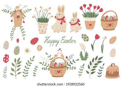 Easter vector set. Cute rabbits, birdhouse, basket with eggs, spring flowers and cake. Hand drawn cartoon illustration and lettering isolated on white. Great for Easter design, posters, greeting cards