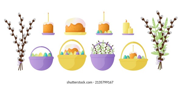 Easter vector set for the design and decoration of the happy Easter holiday. Basket with eggs, candles, bouquet of willow, foliage, cakes. Easter celebration. Simple cute elements in delicate shades.