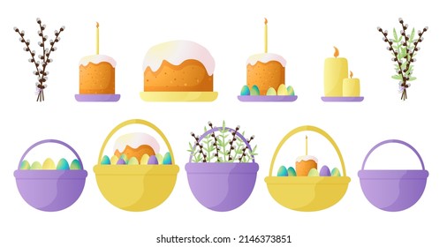 Easter vector set for the design and decoration of the happy Easter holiday. Basket with eggs, candles, bouquet of willow, foliage, cakes. Easter celebration. Simple cute elements in delicate shades.