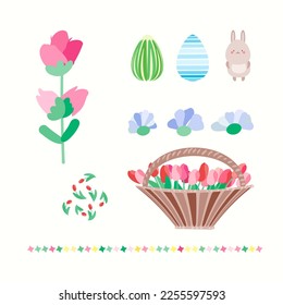 Ostervektorset mit Eiern, Blumen und Hasen