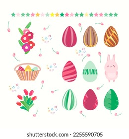 Easter Vector Set with Eggs, Flower,Basket and Bunny.Collection of Easter-themed elements, including colorful eggs, a cute bunny, basket and a beautiful flowers. 