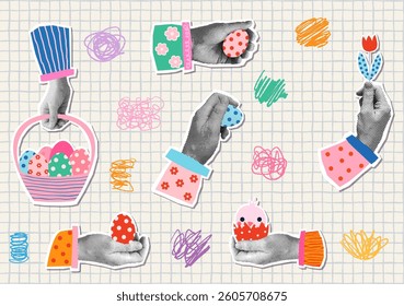 Easter vector set with halftone collage hands holding eggs, a basket, a flower, a chicken with colorful scribbles on checked background