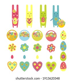 Easter vector set. hares, eggs, hearts, flowers, baskets. Everything is separate.