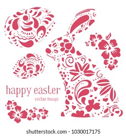 Easter vector set with ornate pink eggs and bunny on white background for cards, banners and poters