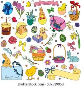 Easter vector set of symbols - eggs, bunny, willow twigs, baskets, candles, egg decorating. Vector drawing collection isolated on white background.