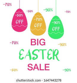 Plantilla vectorial de Semana Santa para la venta de vacaciones. Banner de venta con huevos colgados y letras escritas a mano.Diseño vectorial para su tarjeta de felicitación, volantes, banner web, invitación