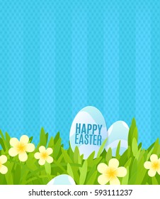 Easter vector template with lawn,spring flowers and paper eggs.Eps 10