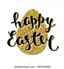 Easter vector typography design elements for greeting cards, invitation, prints and posters. Hand drawn lettering on glitter textured golden egg, modern calligraphy style. Happy Easter.