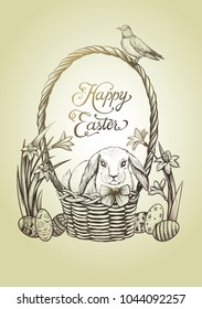 Easter vector vintage card. Cute rabbit in the basket, sitting bird with spring blossom flowers and festive eggs. Hand drawn illustration on the gold background. Happy Easter text.