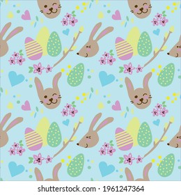 Easter vektor seamless patterm with bunny , eggs, flowers and willows. 