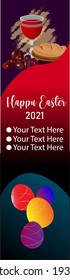 Easter vertical banner vector template with with 3D easter cup of wine, bread, grapes and eggs icons