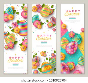 Easter vertical banners with colorful ornate eggs, spring flowers and confetti. Vector illustration. Place for your text