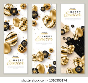 Easter vertical banners with gold ornate eggs, flowers and confetti. Vector illustration. Place for your text