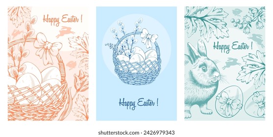 Easter vertical banners or greeting card templates with eggs in basket, hand drawn spring flowers, rabbit on light background with greeting text. Vintage style. Vector illustration