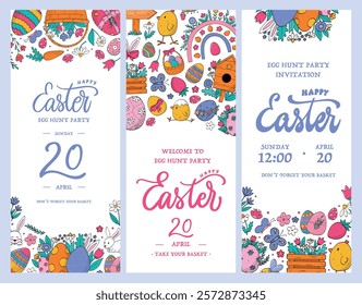 Easter vertical banners, leaflets, posters, invitations, cards, templates, etc decorated with doodles and lettering quotes. EPS 10