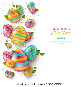 Easter vertical border with colorful ornate eggs, flowers and confetti on white background. Vector illustration. Place for your text.