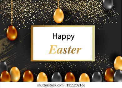 Easter vertical border with gold ornate eggs and confetti. Vector illustration. Golden eggs realistic vector illustration for Easter cards