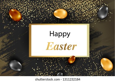 Easter vertical border with gold ornate eggs and confetti. Vector illustration. Golden eggs realistic vector illustration for Easter cards