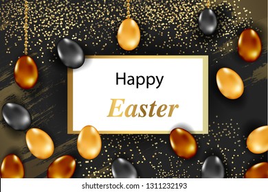 Easter vertical border with gold ornate eggs and confetti. Vector illustration. Golden eggs realistic vector illustration for Easter cards