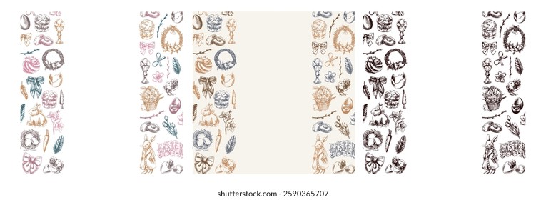 easter vertical border set with bunny, eggs, flowers, hand drawn vintage sketch

