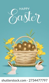 Easter Vertical Greeting Card With Basket of Golden Easter Eggs Flowers and Cute Rabbits for Spring Holiday Celebration Design