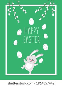 Plantilla de tarjeta de saludo vertical de Pascua con ramas de huevo tierno, conejito y sauce. Afiche de vacaciones de primavera o invitación a los niños. Ilustración de marco verde o borde con símbolos tradicionales.
