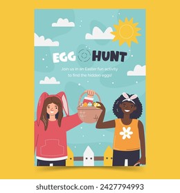 Easter vertical poster concept. Diversity kids character design. Holiday and celebration flyer template with teen girls. Funny activity invitation banner. Egg hunt hand drawn flat vector illustration