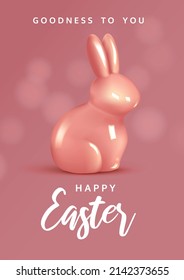 Easter vertical poster.Greeting card with pink rabbit on the pink background.