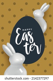 Easter vertical poster.Greeting card with two gray figurines of rabbits with the silhouette of an egg.