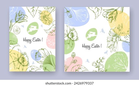 Easter vertical and square banner templates with colored eggs, hand drawn spring flowers, on light background with greeting text. Trendy and elegant minimal style. Vector illustration