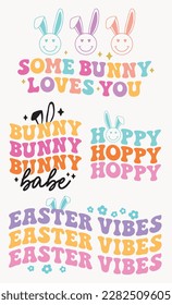 Easter Vibes Hoppy Bunny Pastel Holiday Wavy Retro 70s Text Quote Design Rabbit Ears