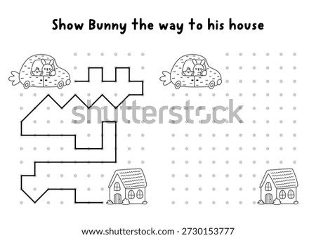 Easter village black and white drawing, writing, tracing, space orientation activity with bunny driving to house. Draw lines in box according example. Spring holiday printable game, coloring page
