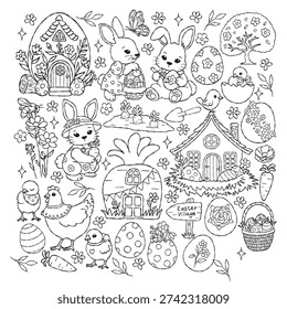 Easter Village Collection Outline Vector, Kawaii Easter Line Art Doodle, Spring Cottage Coloring Page Hand Drawn Design Easter Village Collection Outline Vector, Kawaii Easter Line Art Doodle, Spring Cottage Coloring Page Hand Drawn Design