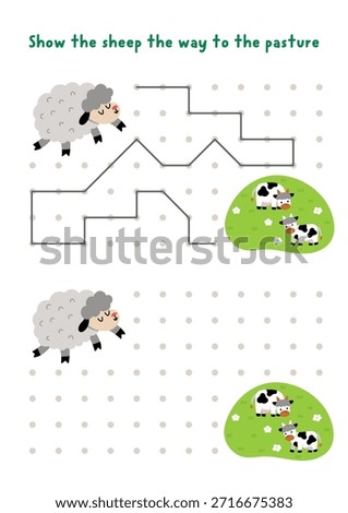 Easter village drawing, writing, tracing, space orientation activity for kids with sheep going to farm field with cows. Draw lines in box according example. Spring holiday printable game, puzzle
