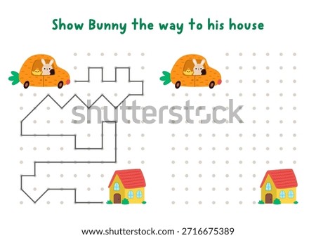 Easter village drawing, writing, tracing, space orientation activity for kids with bunny driving to house. Draw lines in box according example. Spring holiday printable game, puzzle

