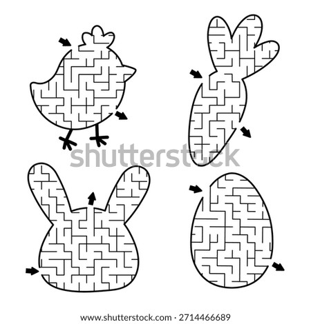 Easter village geometrical maze set for kids with holiday symbols. Spring preschool printable activity shaped as chick, bunny, egg, carrot. Labyrinth game or puzzle collection for children
