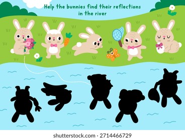 Actividad de emparejamiento de sombras de pueblo de Pascua con conejitos buscando sus reflejos en el agua. Puzzle de vacaciones de primavera con conejos lindos y río. Encuentra la silueta correcta para imprimir la hoja de cálculo, juego
