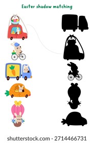Easter village shadow matching activity. Spring holiday puzzle with cute bunny driving car, truck, bike, flying on hot air balloon. Find correct silhouette printable worksheet, game, page for kids
