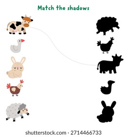 Easter village shadow matching activity with farm animals, birds. Spring holiday puzzle with cute cow, goose, bunny, hen, sheep. Find correct silhouette printable worksheet, game, page for kids
