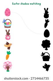 Easter village shadow matching activity with holiday symbols. Spring puzzle with cute chocolate bunny, egg, basket, bird, carrot, tree. Find correct silhouette printable worksheet, game, page for kids

