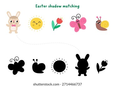 Actividad de emparejamiento de sombras de aldea de Pascua con símbolos de vacaciones. Puzzle de primavera con conejito lindo, sol, tulipán, mariposa, caracol. Encuentra la silueta correcta hoja de trabajo imprimible, juego, página para niños
