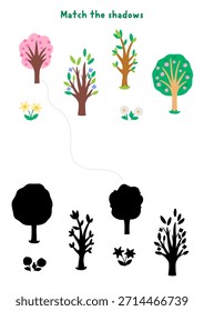 Actividad de emparejamiento de sombras de aldea de Pascua con símbolos de vacaciones. Rompecabezas de primavera con lindos árboles en flor y flores. Encuentra la silueta correcta hoja de trabajo imprimible, juego, página para niños
