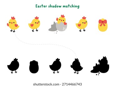 Easter village shadow matching activity with yellow chickens, egg. Spring holiday puzzle with cute chicks. Find correct silhouette printable worksheet, game, page for kids with farm birds
