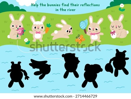 Easter village shadow matching activity with bunnies looking for their reflections in water. Spring holiday puzzle with cute rabbits and river. Find correct silhouette printable worksheet, game
