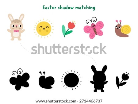 Easter village shadow matching activity with holiday symbols. Spring puzzle with cute bunny, sun, tulip, butterfly, snail. Find correct silhouette printable worksheet, game, page for kids
