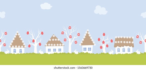 Easter village. Spring countryside landscape. Seamless border. There are Easter trees, houses with flower decorations, and rabbits in the picture. Vector flat illustration