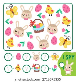 Plaza del pueblo de Pascua Yo juego de espionaje para niños. Actividad de búsqueda y conteo con cara de conejo, cesta de huevos, flor, polluelo. Hoja de trabajo imprimible para niños en edad preescolar. Simple puzzle de manchado de vacaciones de primavera
