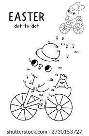 Vector de la aldea de Pascua punto a punto y actividad de color con conejito lindo en bicicleta con el polluelo. La primavera en blanco y negro conecta el juego de puntos para niños con el símbolo de vacaciones. Hoja de trabajo imprimible en línea
